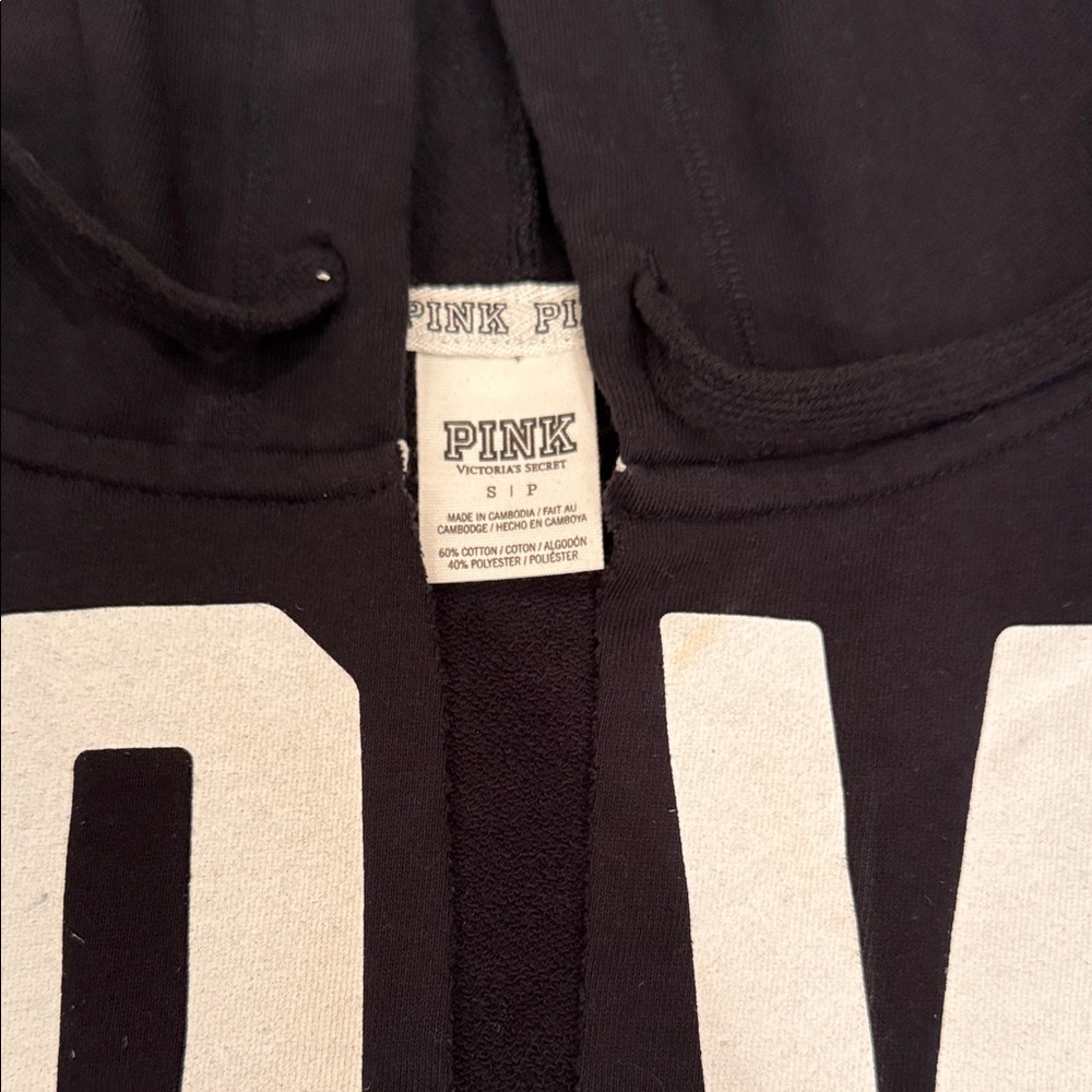 PINK Victoria’s Secret Black Deep V Neck Hoodie with White 'LOVE PINK' Print - Picture 2 of 3